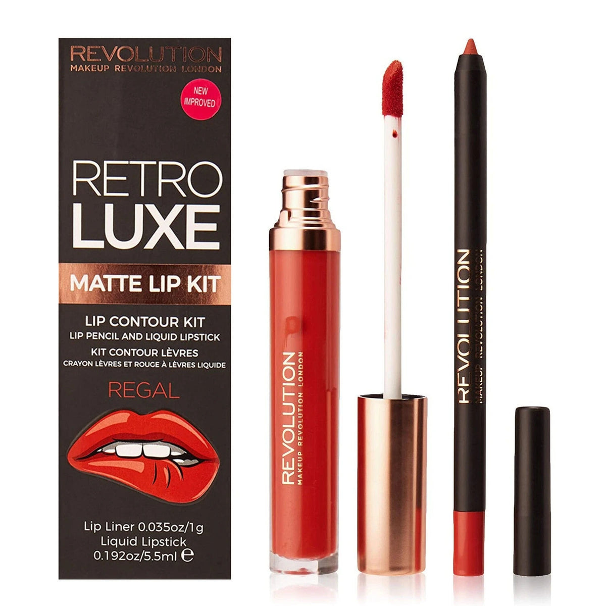 Set Makeup Revolution: Retro Luxe, Lip Liner, Regal, 1 g + Retro Luxe, Matte, Liquid Lipstick, Regal, 5.5 ml