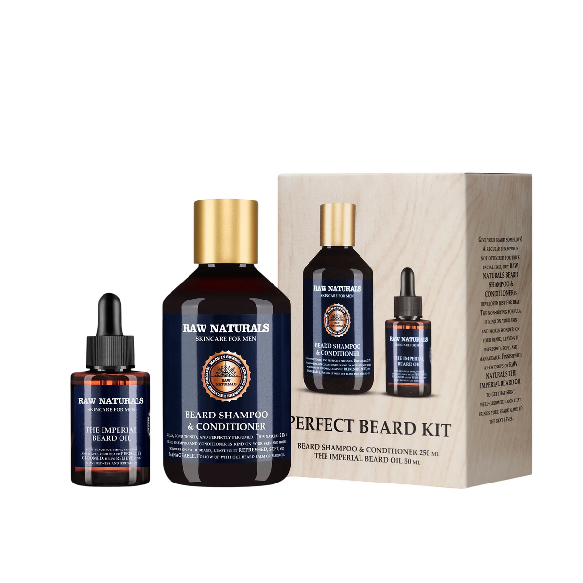 Raw Naturals Perfect Beard Kit - shampoo-, hoitoaine- & öljypakkaus 250 ml + 50 ml