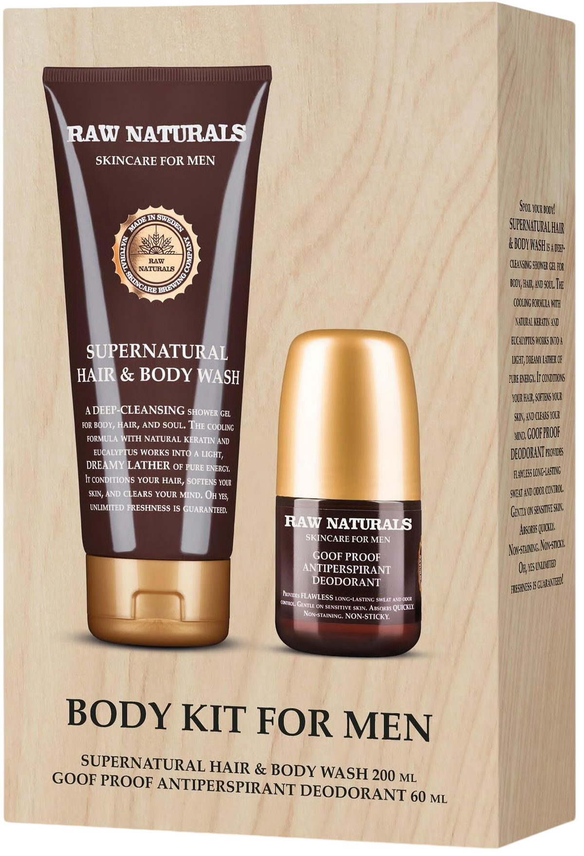 Raw Naturals -vartalonhoitopakkaus miehille: Supernatural Wash -pesuneste 200 ml + Goof Proof -deodorantti 60 ml