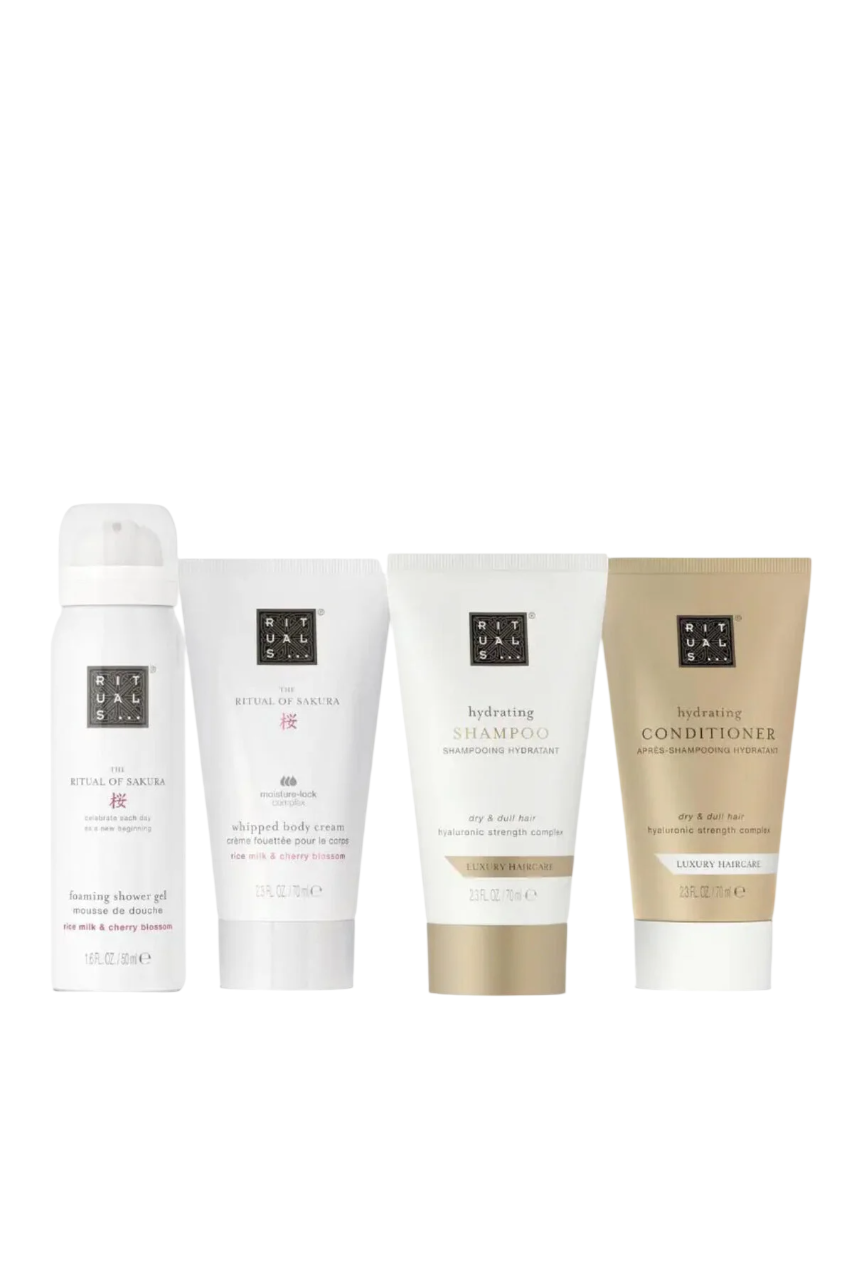 Set Rituals: The Ritual Of Sakura, Shower Mousse, 50 ml + The Ritual Of Sakura, Hydrating, Body Cream, 70 ml + The Ritual Of Sakura, Hair Shampoo, For Nourishing, 70 ml + The Ritual Of Sakura, Natural, Hair Conditioner, Smooth, 70 ml