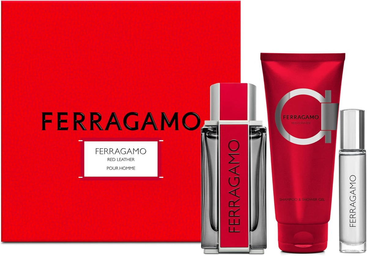 Set Salvatore Ferragamo: Red Leather, Eau De Parfum, For Men, 100 ml + Red Leather, Eau De Parfum, For Men, 10 ml + Red Leather, Shower Gel, All Skin Types, 100 ml
